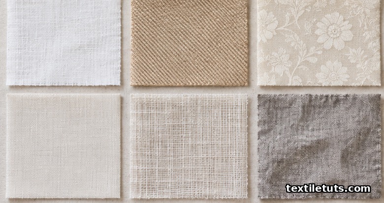 Flat-lay of linen fabric swatches including plain weave, linen twill, damask, sheeting and pre-washed linen