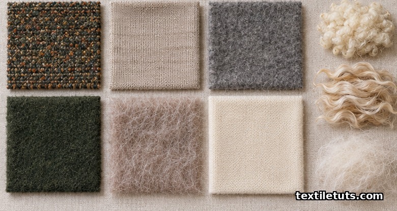 Swatches of wool fabric types: tweed, merino jersey, flannel, boiled wool, mohair and cashmere with raw fiber tufts