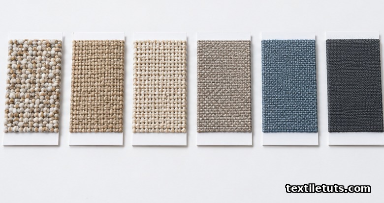 Row of six upholstery fabric swatches arranged by weave density from loose decorative weave on the left to tight contract-grade weave on the right.