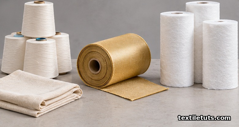 Studio display of cotton yarn cones, aramid fabric roll, and nonwoven geotextile rolls from US mills