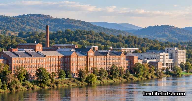 Aerial view of a row of brick textile mill buildings along a river in the Carolina Piedmont region