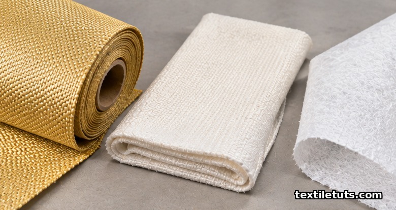 DuPont specialty textiles: golden Kevlar para-aramid fabric, white Nomex meta-aramid cloth, and Tyvek HDPE nonwoven sheet.