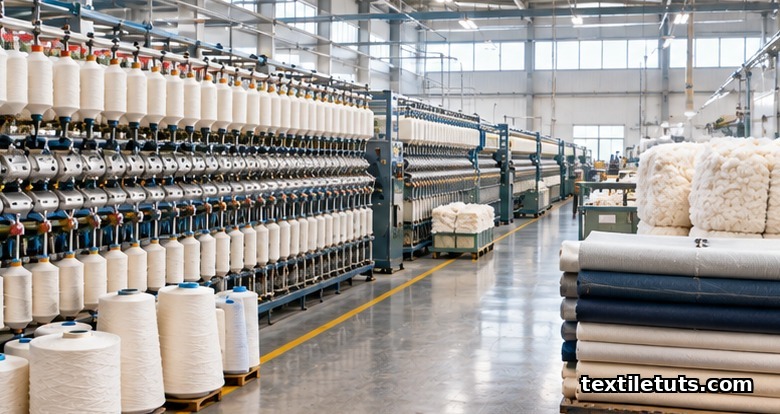 US textile industry overview featuring modern spinning frames, white cotton yarn cones, and woven fabric rolls inside a textile mill.