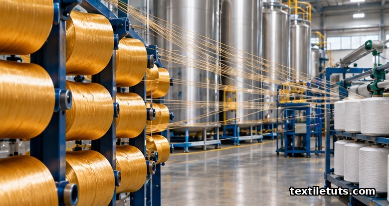 Spools of golden LYCRA spandex fiber stretching on a creel at an INVISTA fiber manufacturing line.