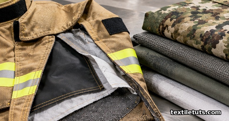 Milliken firefighter turnout gear with meta-aramid outer shell and moisture barrier alongside technical military and airbag fabrics.