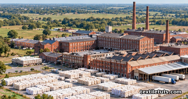 Aerial view of a US textile mill complex with cotton bales stacked in the yard and loading docks