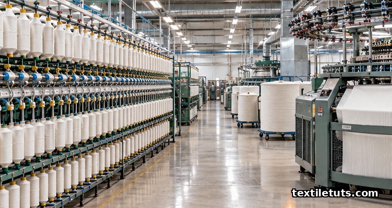 Interior view of a US textile mill floor with ring-spinning frames and a circular knitting machine