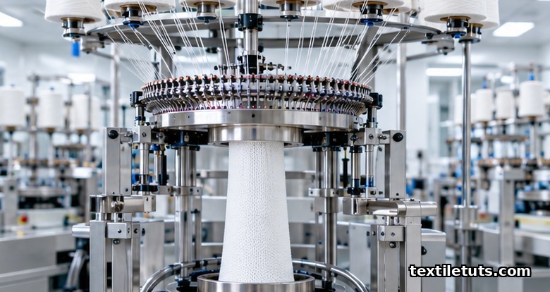Circular knitting machine producing a tubular PET vascular graft over a stainless mandrel in a cleanroom.