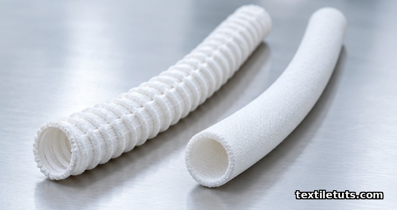 Side-by-side still life of a crimped white Dacron PET vascular graft and a smooth matte ePTFE graft on a clinical tray.