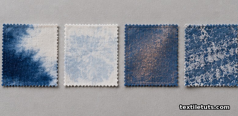 Four cotton swatches displaying common vat printing defects: bleeding edges, pale shade, bronzing sheen, and crocking residue.