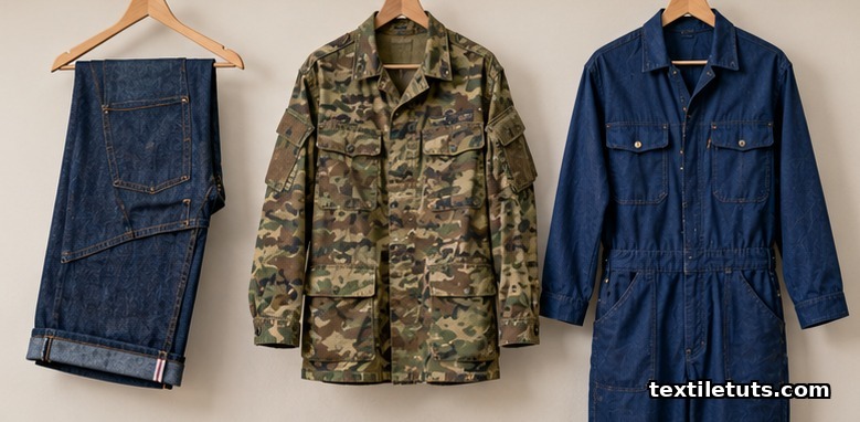 Vat-printed garments on hangers: indigo selvedge denim jeans, military camouflage uniform, and navy industrial workwear coverall.