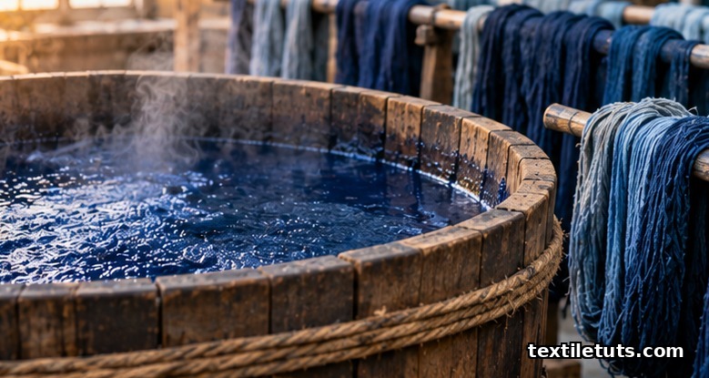 Indigo fermentation vat with rising steam and dyed cotton yarn drying, illustrating the vat printing process and its roots in vat dye chemistry.