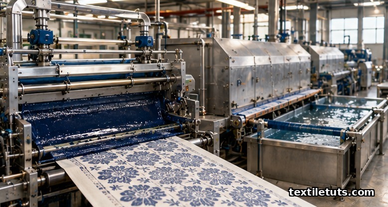 Rotary screen printer applying dark vat dye paste to cotton fabric in a textile mill, with steamer and oxidation bath downstream.