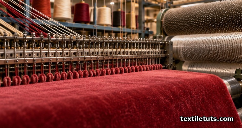 Raschel warp-knitting machine producing cut-pile velour, with two yarn sets feeding into the needle bar and a downstream napping roller station raising the pile surface.