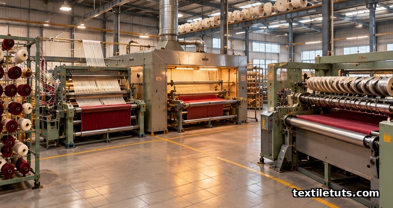 Wide-angle textile mill view showing the velvet and velour production sequence from warp beam creel, to wire-pile loom, to tenter frame heat-setting, to the brushing and shearing station.