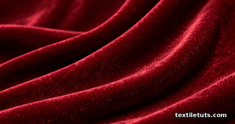 Deep crimson velvet fabric draped in soft folds, showing the lustrous directional sheen and dense upright pile surface characteristic of warp-pile weaving.
