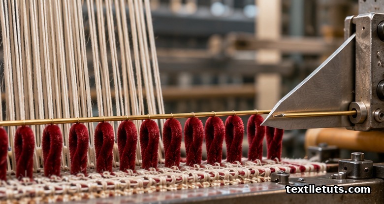 Editorial close-up of a velvet loom showing warp threads, a row of upright pile loops, a brass cutting wire, and a traversing knife blade ready to slice the loops.