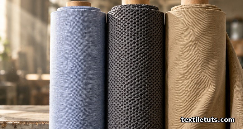Three fabric bolts — oxford shirting, athletic knit, and twill — side by side, representing Vietnam, India, and Cambodia specialties.