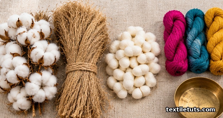 Flat lay of raw textile fibers including cotton bolls, jute bundles, silk cocoons, and dyed yarn skeins