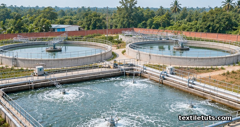 Textile effluent treatment plant with circular concrete settling tanks and aeration basin