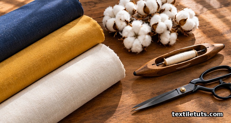 Folded woven fabric bolts in indigo and saffron alongside raw cotton bolls on a wooden workbench