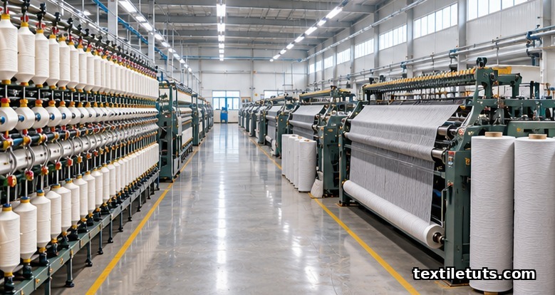Industrial textile mill with rows of automated spinning frames and shuttleless weaving looms