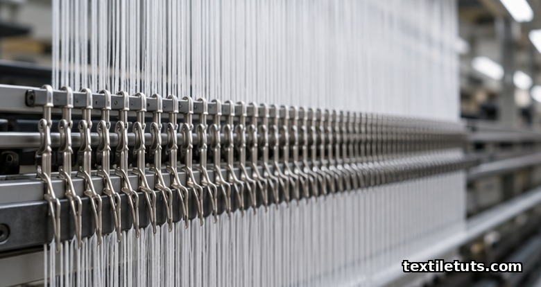 Close-up of warp knitting needles with parallel white polyester warp yarns feeding vertically inside a textile mill.