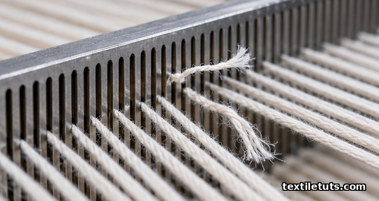 Macro close-up of a broken warp yarn fraying at a metal heddle, illustrating the leading mechanical cause of weaving efficiency loss.