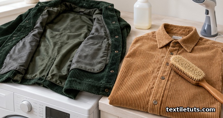 Inside-out corduroy jacket on a washer beside a clothing brush laid along the wale of a corduroy shirt