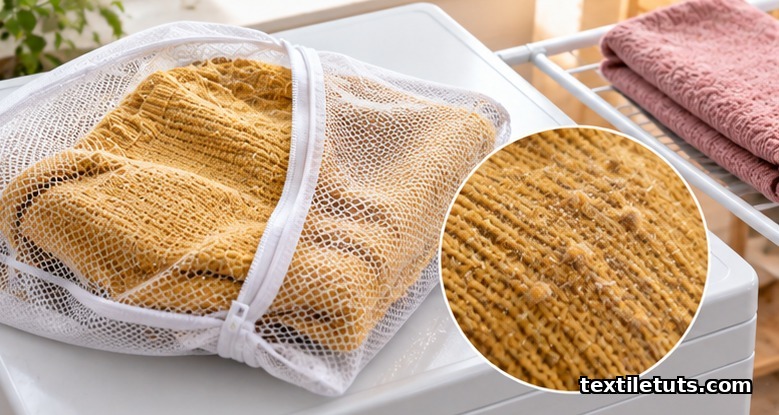 Inside-out acrylic sweater in a mesh laundry bag with close-up of pilling on the knit surface