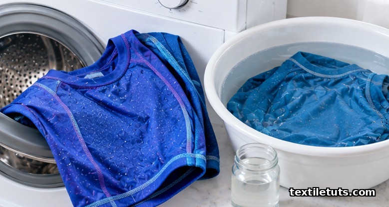 Inside-out polyester activewear on a washer door beside a basin soak with a jar of white vinegar