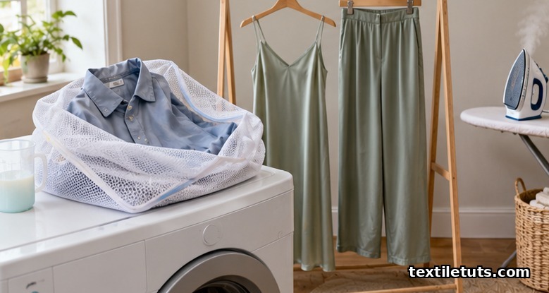 Inside-out Tencel shirt going into a mesh laundry bag, with lyocell garments air drying on a wooden rack