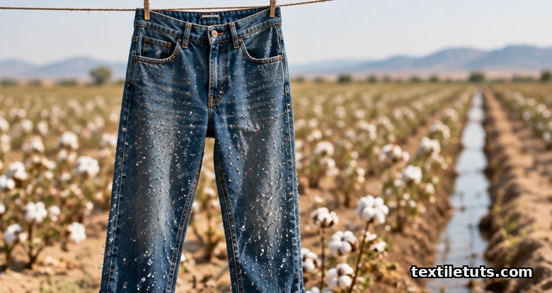 Pair of worn blue denim jeans hanging with water droplets clinging to the fabric, illustrating the hidden water footprint of a single garment.