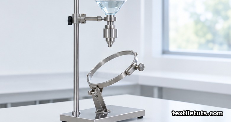 Stainless steel spray nozzle and 45-degree tilted metal hoop on a lab stand with distilled water funnel.