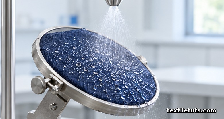 Fine spray of water falling from a metal nozzle onto a tilted fabric specimen in a hoop during spray test.