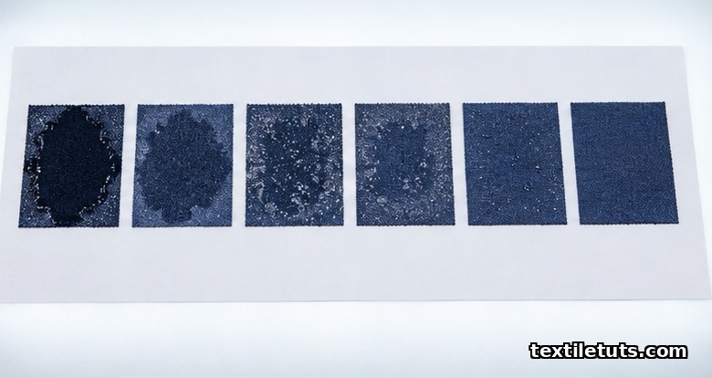 Six fabric swatches on an AATCC spray rating chart showing progressive wetting patterns from soaked to dry.