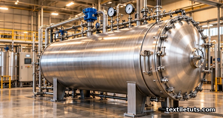 Stainless steel industrial supercritical CO2 pressure vessel autoclave in a textile dyehouse, the heart of waterless Air Dye technology.