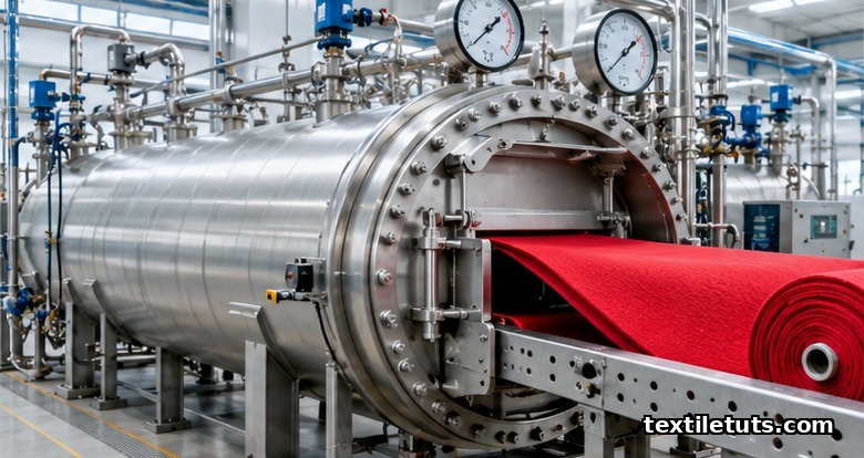 Industrial supercritical CO2 dyeing pressure vessel with red polyester fabric roll ready for waterless batch processing.