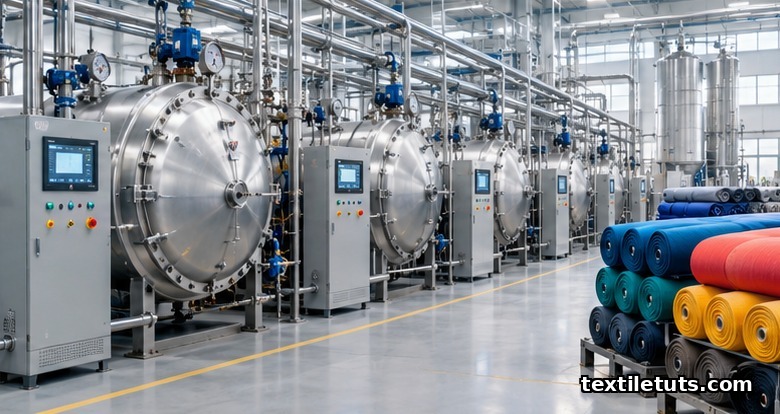 Modern industrial scCO2 dyeing facility with multiple pressure vessels and control panels processing polyester performance fabric.