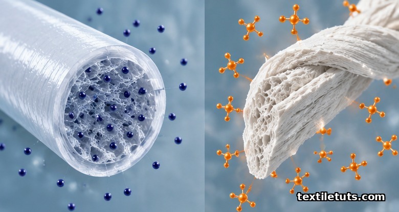 Side-by-side cross-sections of polyester and cotton fibers showing how disperse dyes bond in CO2 while reactive dyes cannot.
