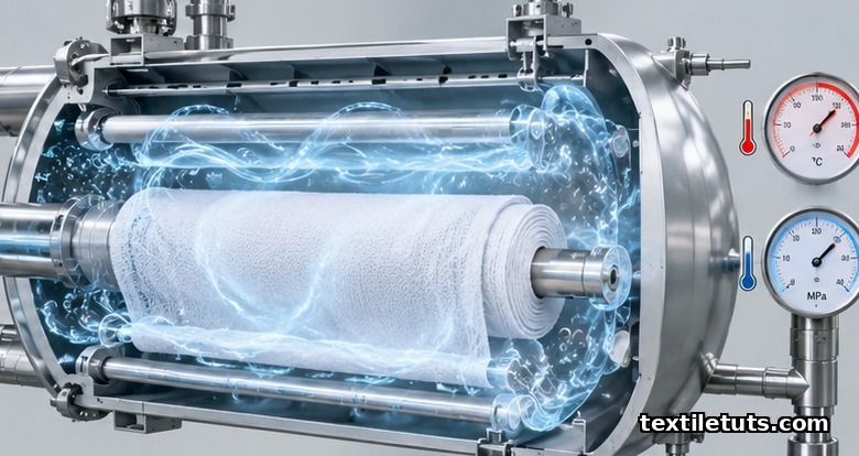 Cutaway view of a supercritical CO2 pressure dyeing chamber showing polyester fabric bathed in translucent fluid above 31 °C.