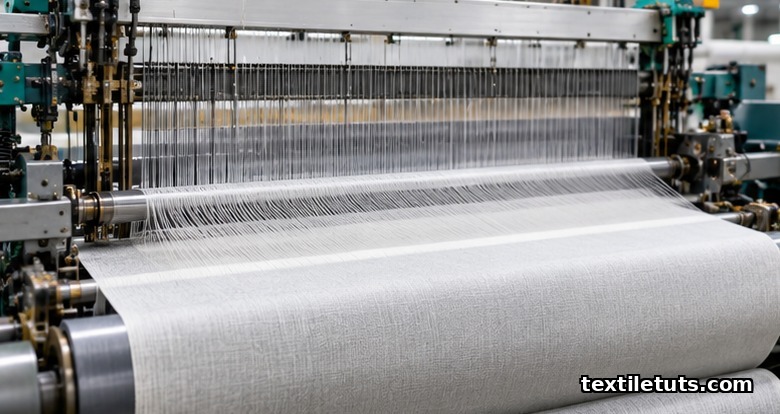 Air-jet loom weaving a plain-weave cotton fabric with visible shed and take-up cloth roll.