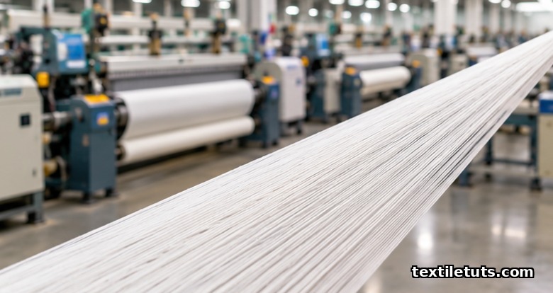 Modern weaving mill interior featuring air-jet looms producing cotton fabric for cost calculation analysis.