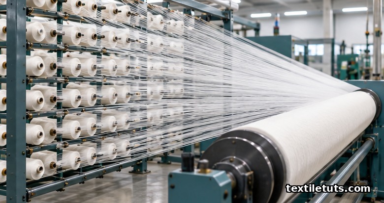 High-speed warping machine drawing fine cotton yarns from a creel into a single warp beam.