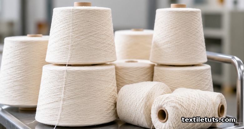 Conical yarn packages and cross-wound bobbins of combed cotton stacked on a mill trolley for yarn cost.