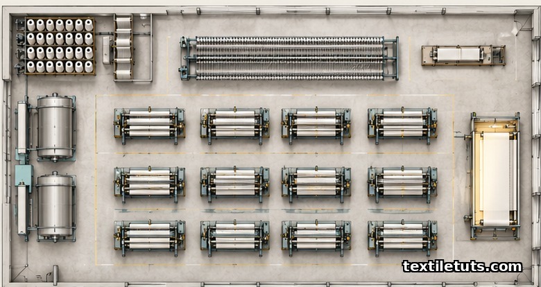 Top-down architectural floor plan of a weaving mill showing loom rows, yarn storage, warping, sizing, drawing-in, and inspection zones arranged in sequence.