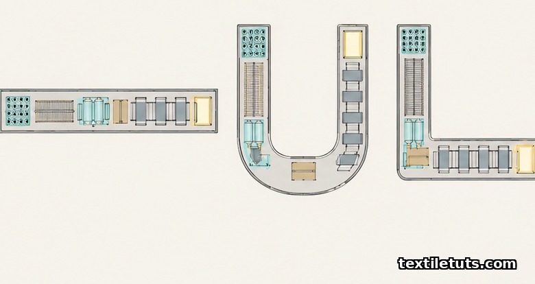 Schematic comparison of three weaving mill layout patterns: linear straight-through, U-shaped, and L-shaped floor plans shown side by side.