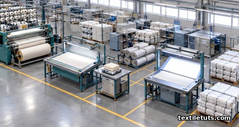 Isometric view of an export weaving mill showing six sequential QC gates from loom-side inspection to pre-shipment AQL audit.