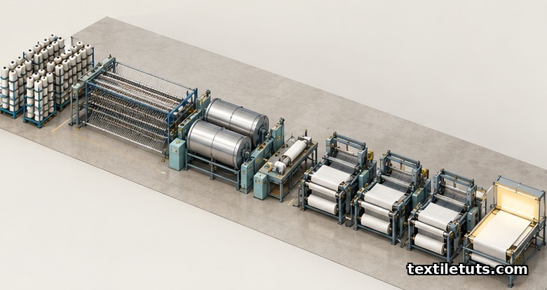 Isometric view of a weaving mill production line showing yarn storage, warping creel, sizing machine, knotting station, shuttleless looms, and inspection table in sequence.
