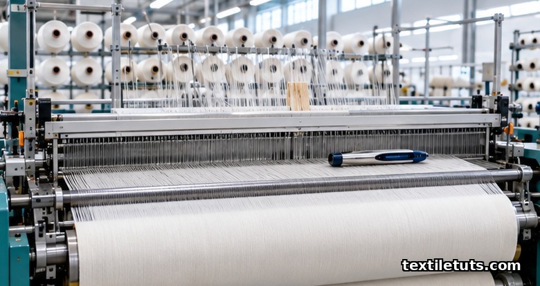 Modern shuttle weaving loom in an export textile mill rolling natural cotton poplin fabric onto the take-up beam.